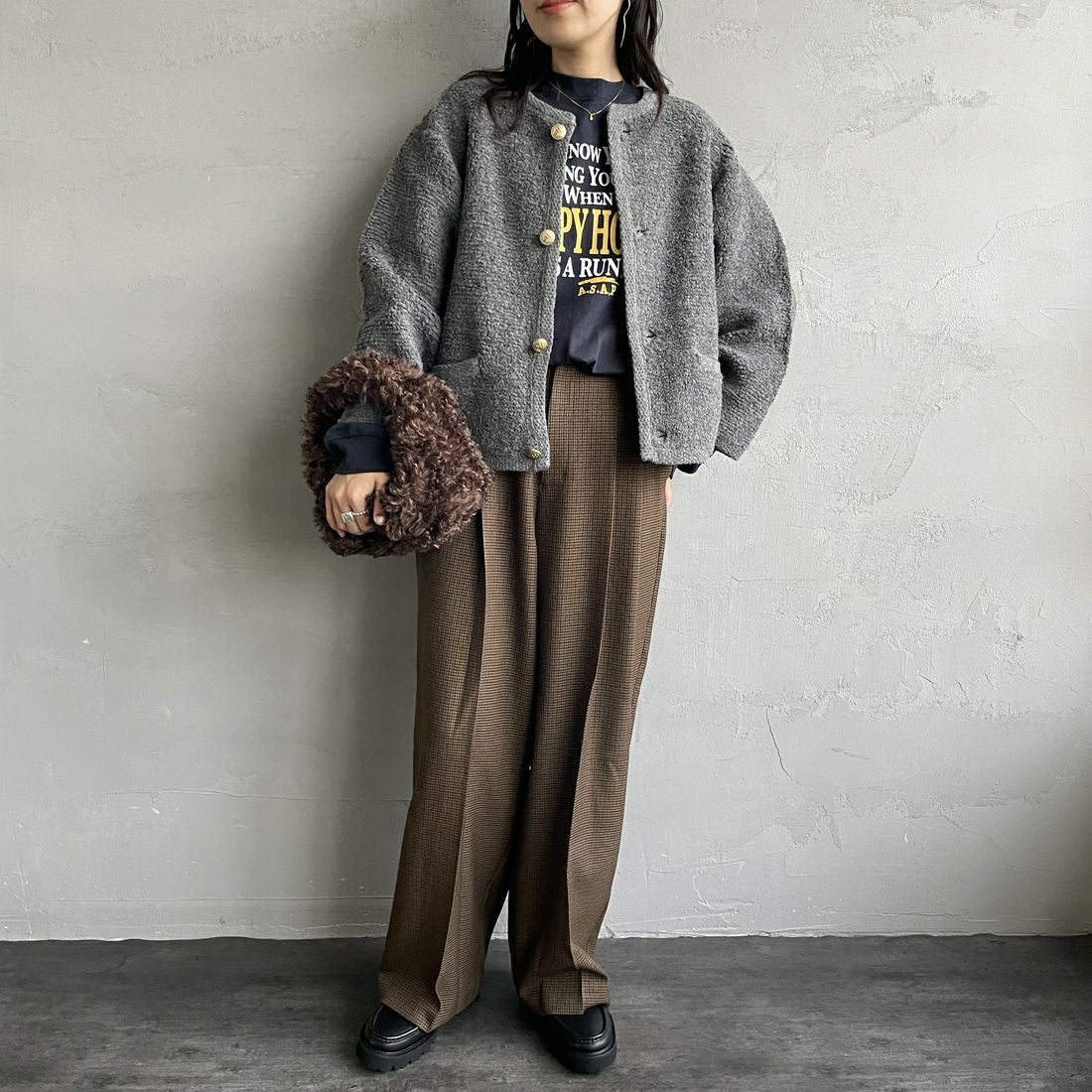 ORCIVAL [オーシバル] ブークレカーディガン [OR-D0127KBT] GREY &&モデル身長：160cm 着用サイズ：1&&
