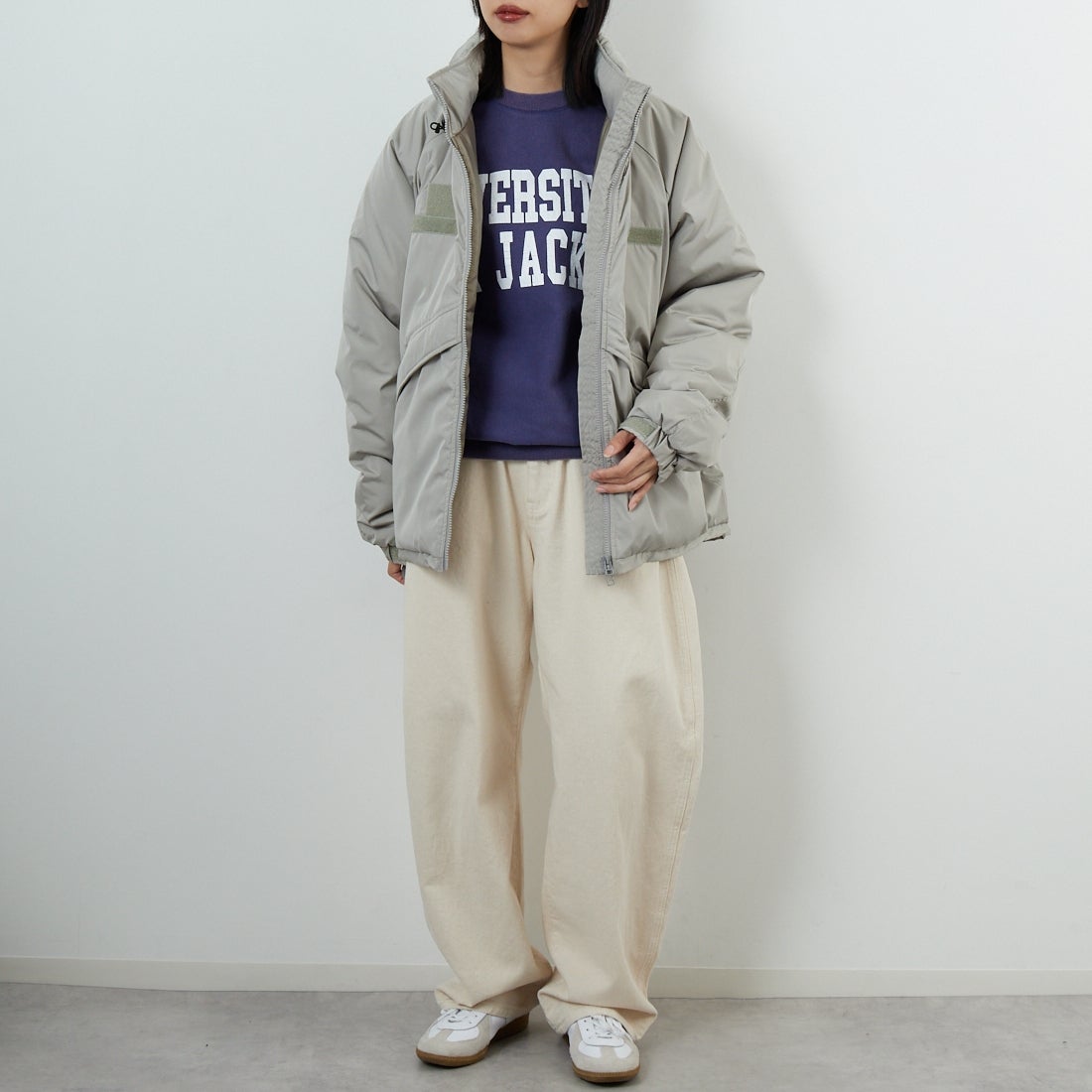 ARMY TWILL SANFORIZED [アーミーツイル サンフォライズド] Pe Weather パディングジャケット [AM-2554006] GRAY &&モデル身長：162cm 着用サイズ：S&&