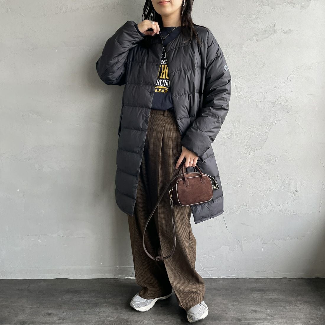 ORCIVAL [オーシバル] ラウンドネックロングコート [OR-A0602DPR] BLACK &&モデル身長：160cm 着用サイズ：2&&