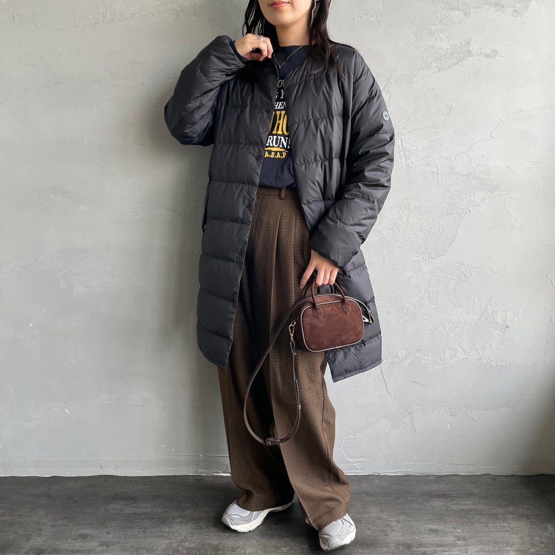 ORCIVAL [オーシバル] ラウンドネックロングコート [OR-A0602DPR] BLACK &&モデル身長：160cm 着用サイズ：2&&