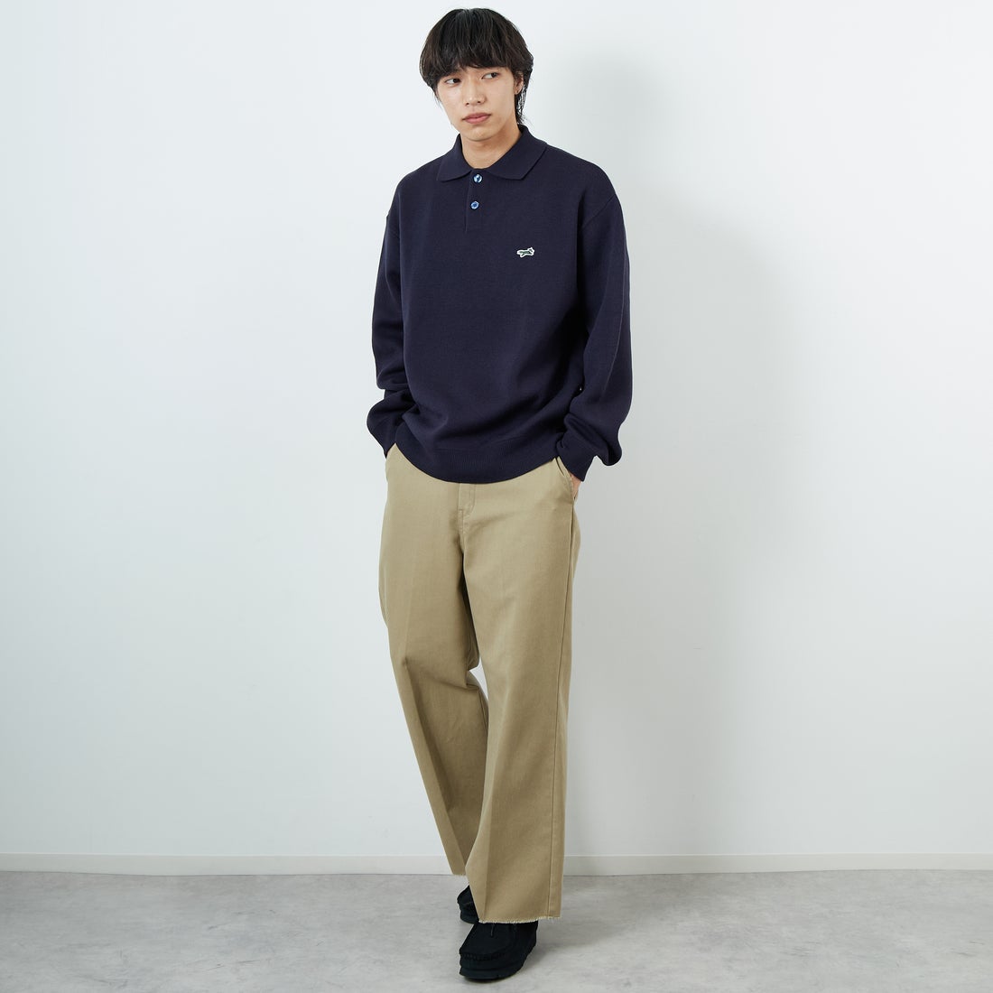 THE FOX [ザフォックス] 別注 ポロカラーニット [JFL25AW-04-JF] NAVY &&モデル身長：179cm 着用サイズ：L&&
