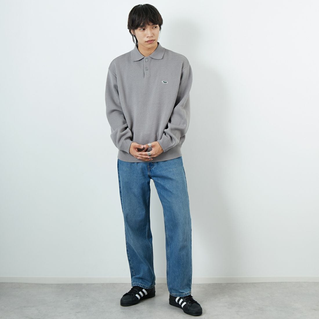 THE FOX [ザフォックス] 別注 ポロカラーニット [JFL25AW-04-JF] GRAY &&モデル身長：179cm 着用サイズ：M&&