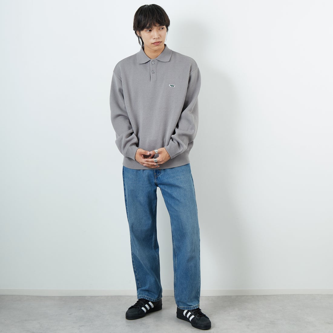 THE FOX [ザフォックス] 別注 ポロカラーニット [JFL25AW-04-JF] GRAY &&モデル身長：179cm 着用サイズ：M&&