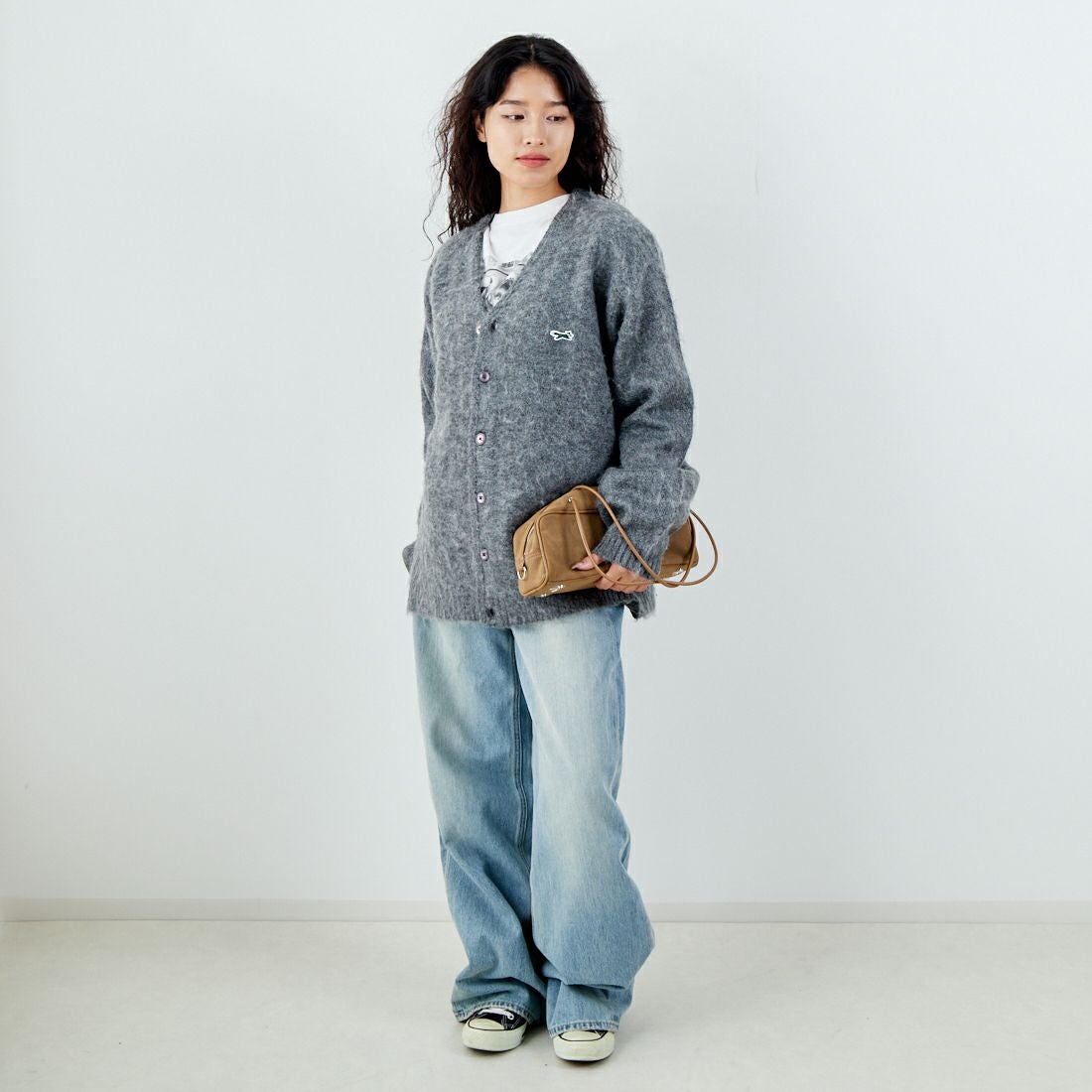 THE FOX [ザフォックス] 別注 シャギーニットカーディガン [JFL25AW-05-JF] GRAY &&モデル身長：162cm 着用サイズ：S&&