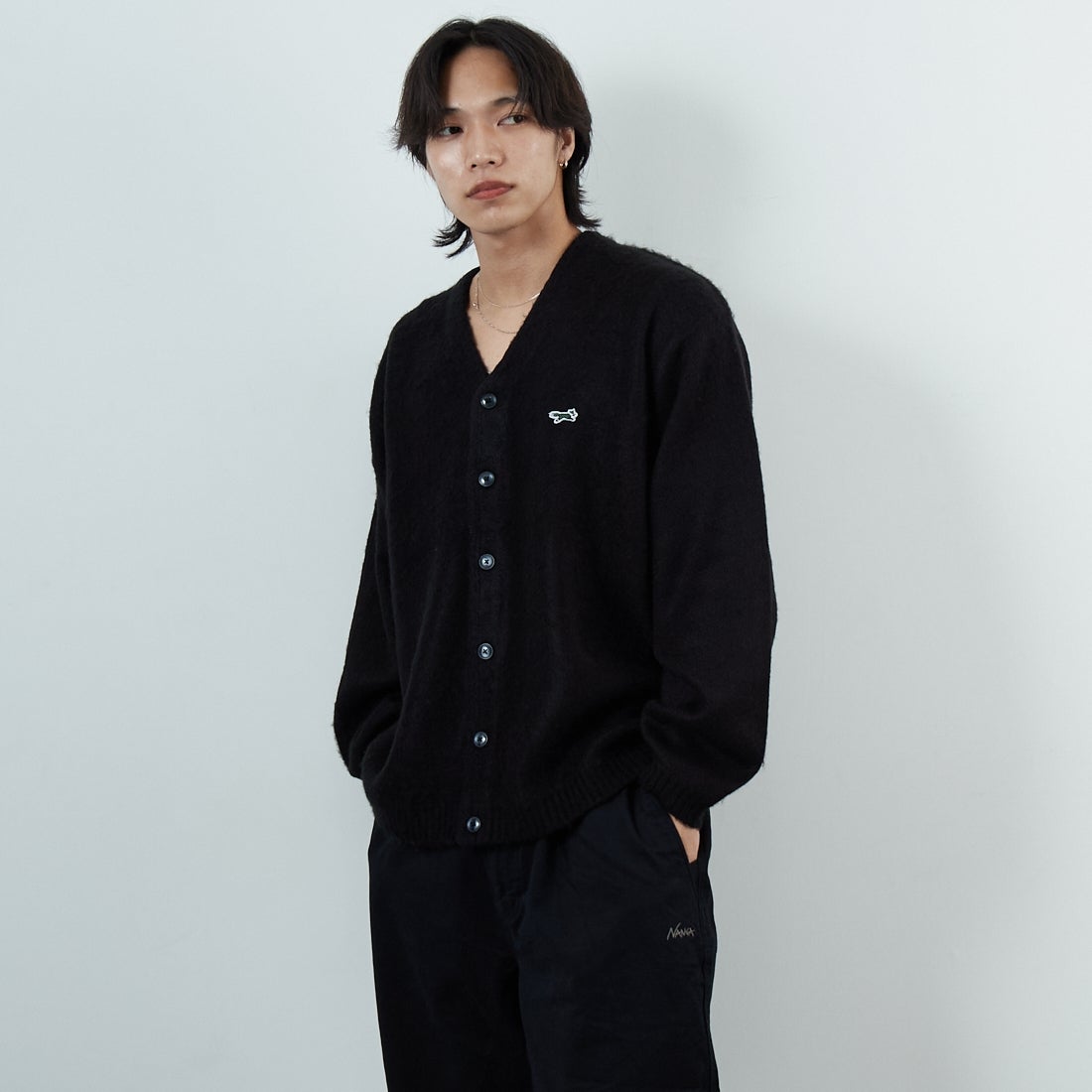 THE FOX [ザフォックス] 別注 シャギーニットカーディガン [JFL25AW-05-JF] BLACK &&モデル身長：179cm 着用サイズ：M&&