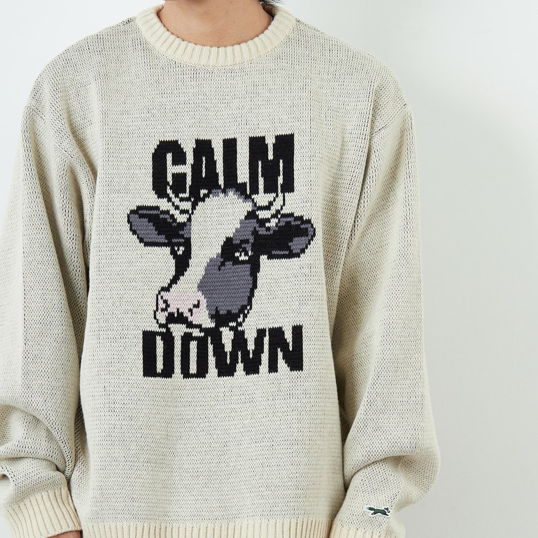 THE FOX [ザフォックス] 別注 アニマル柄クルーネックジャガードニット [JFL25AW-09-JF] NATURAL &&モデル身長：179cm 着用サイズ：L&&