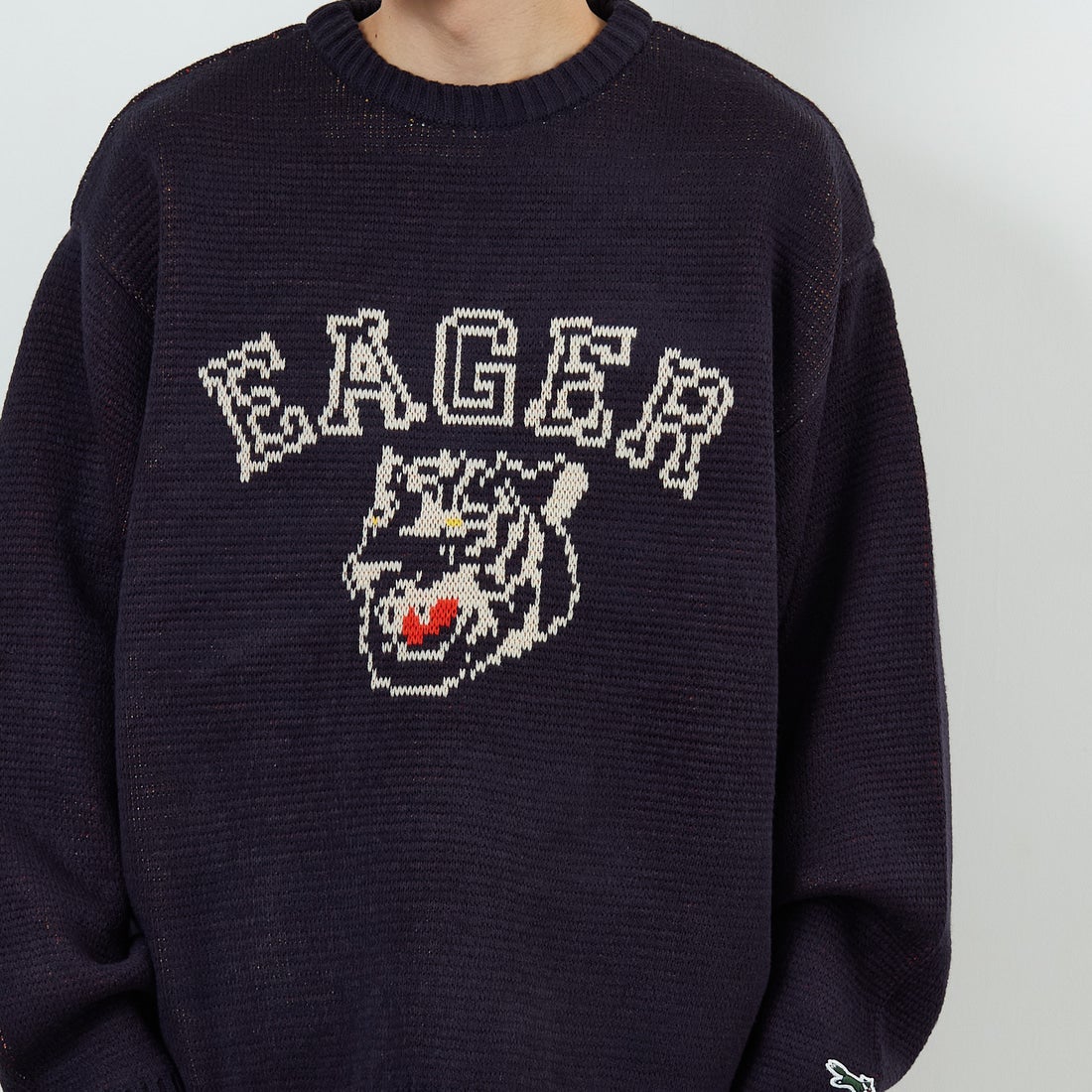 THE FOX [ザフォックス] 別注 アニマル柄クルーネックジャガードニット [JFL25AW-09-JF] NAVY &&モデル身長：168cm 着用サイズ：L&&