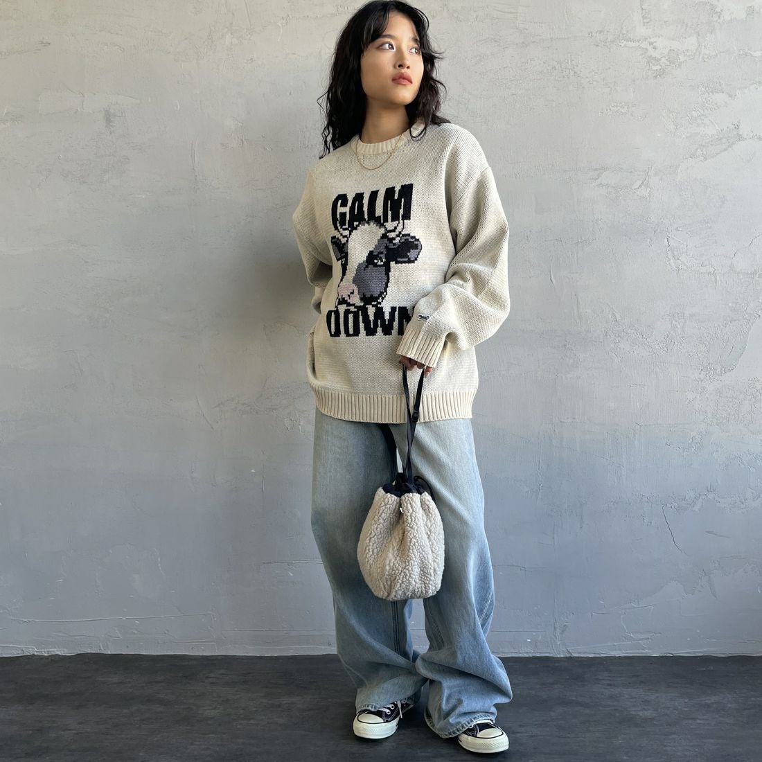 THE FOX [ザフォックス] 別注 アニマル柄クルーネックジャガードニット [JFL25AW-09-JF] NATURAL &&モデル身長：162cm 着用サイズ：S&&