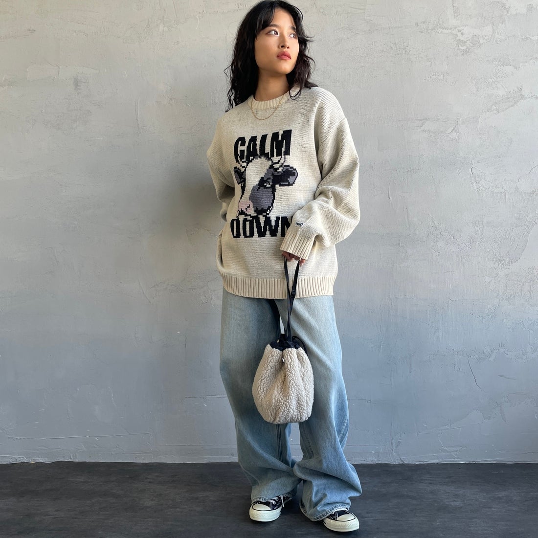 THE FOX [ザフォックス] 別注 アニマル柄クルーネックジャガードニット [JFL25AW-09-JF] NATURAL &&モデル身長：162cm 着用サイズ：S&&