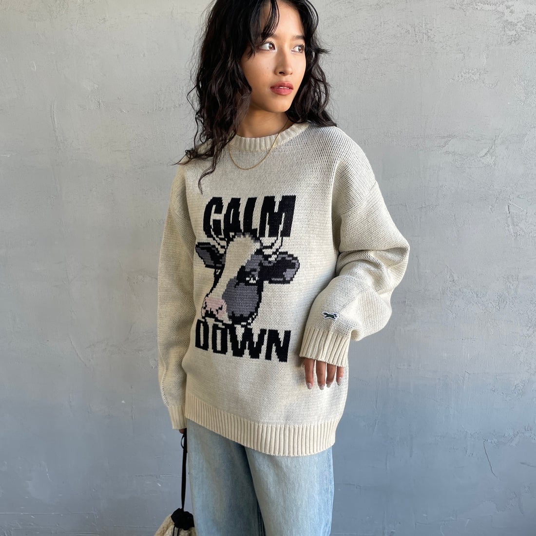 THE FOX [ザフォックス] 別注 アニマル柄クルーネックジャガードニット [JFL25AW-09-JF] NATURAL &&モデル身長：162cm 着用サイズ：S&&