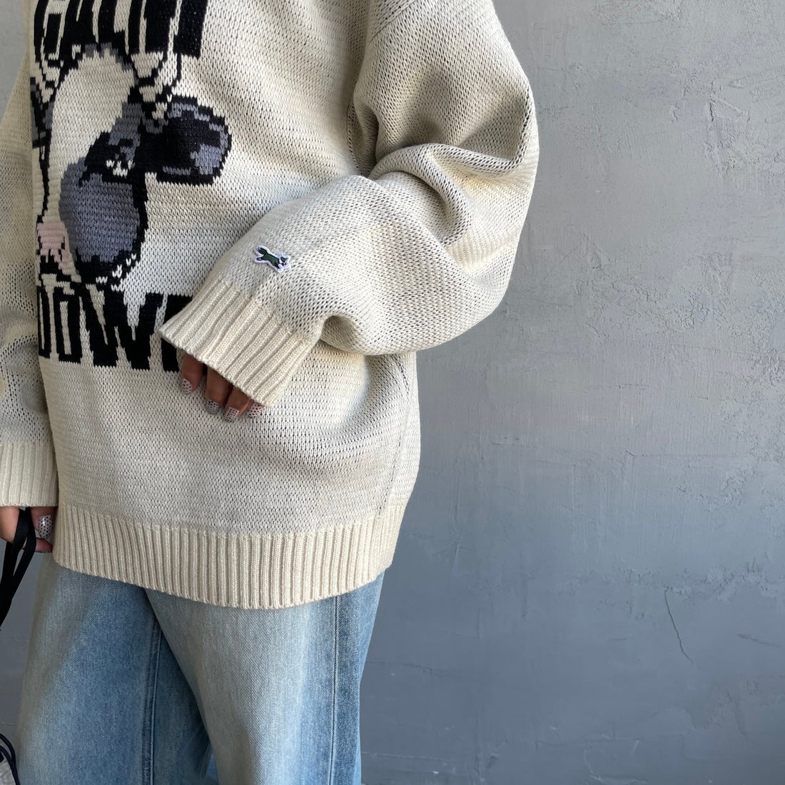 THE FOX [ザフォックス] 別注 アニマル柄クルーネックジャガードニット [JFL25AW-09-JF] NATURAL &&モデル身長：162cm 着用サイズ：S&&