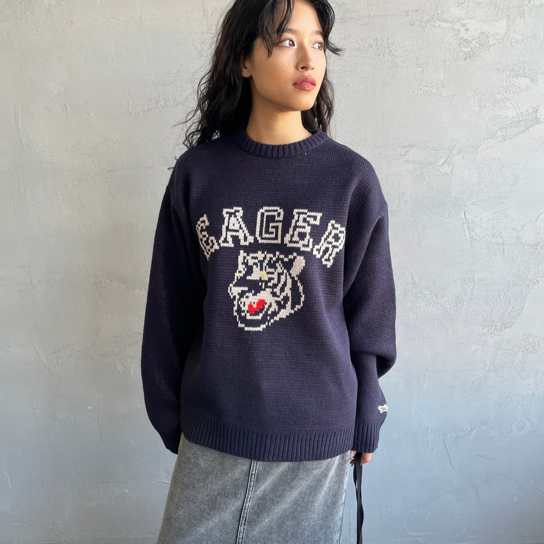 THE FOX [ザフォックス] 別注 アニマル柄クルーネックジャガードニット [JFL25AW-09-JF] NAVY &&モデル身長：162cm 着用サイズ：S&&
