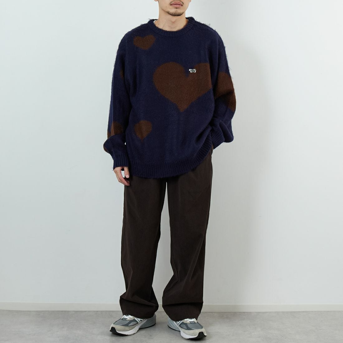 THE FOX [ザフォックス] 別注 ジャギークルーネックニット [JFL25AW-06-JF] NVY ﾊｰﾄ &&モデル身長：168cm 着用サイズ：M&&