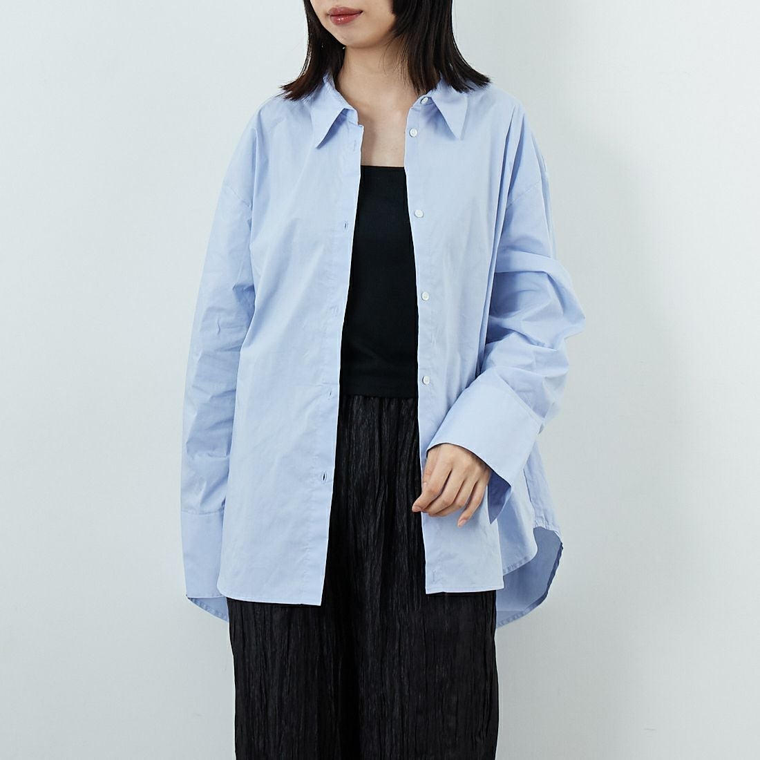 CHIGNON [シニヨン] 2WAYプリントシャツ [1555-219KK] SAX &&モデル身長：162cm 着用サイズ：F&&