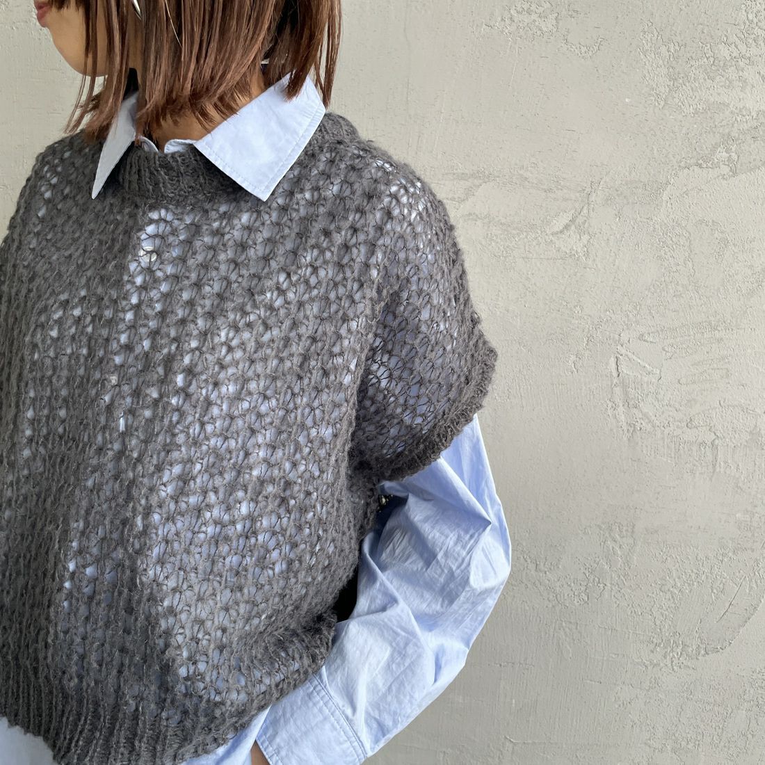 mizuiro ind [ミズイロインド] ヘアリーコクーンワイドベスト [3-220085] 92 D.GRAY &&モデル身長：159cm 着用サイズ：F&&