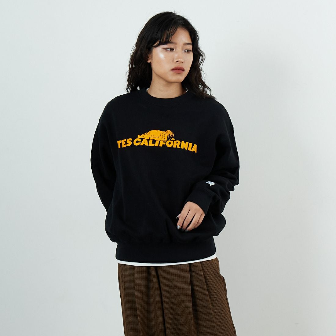 The Endless Summer [エンドレスサマー] TES SAME オールドクルーネックスウェット [FH-25774321] 01 BLACK &&モデル身長：162cm 着用サイズ：S&&