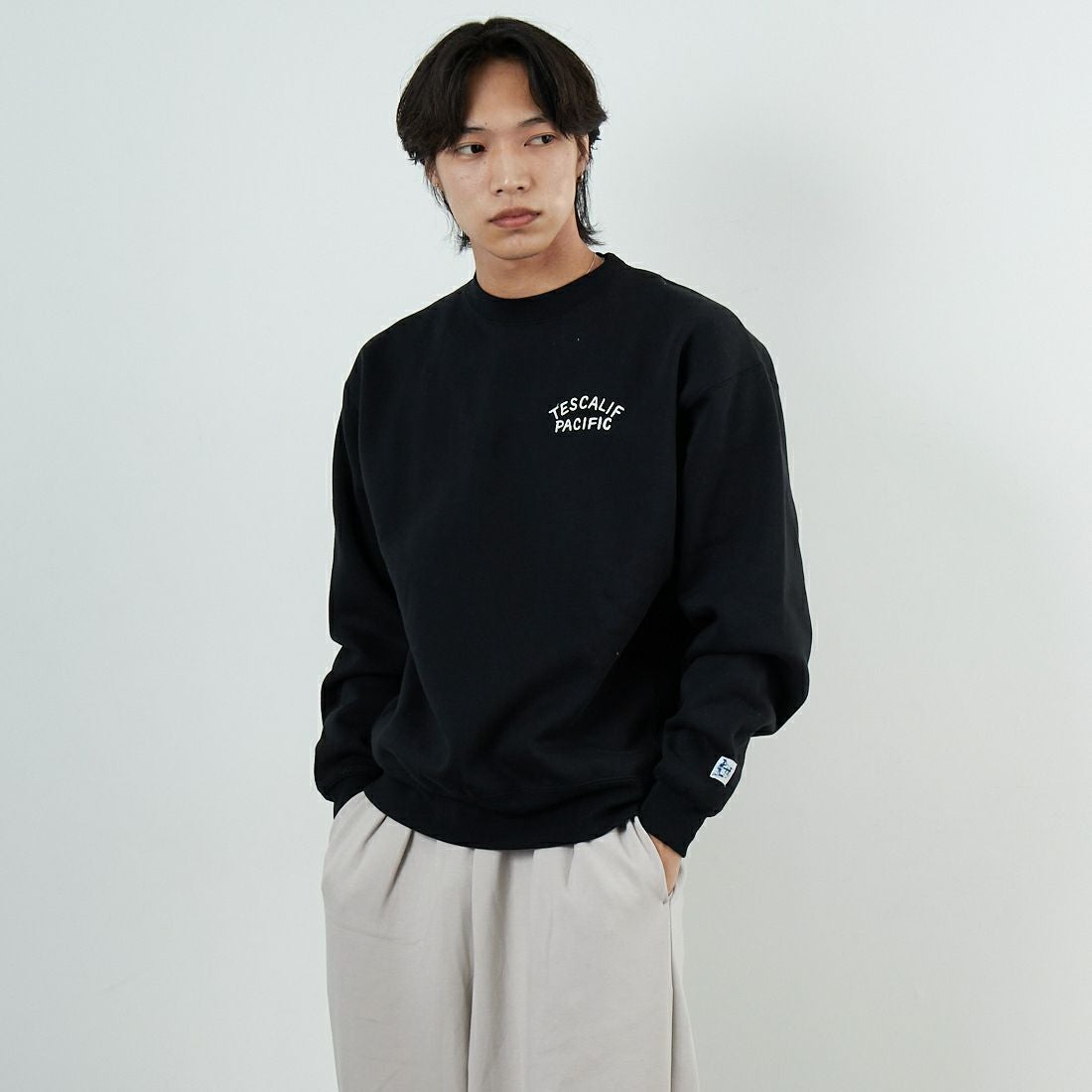 The Endless Summer [エンドレスサマー] 60s ローラーダービーロゴ刺繍 クルーネックスウェット [C-25774302] 01 BLACK &&モデル身長：179cm 着用サイズ：M&&