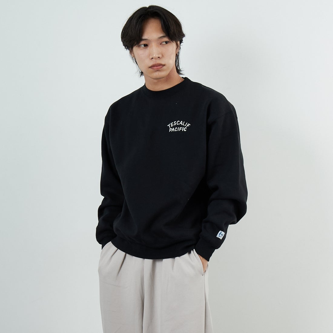 The Endless Summer [エンドレスサマー] 60s ローラーダービーロゴ刺繍 クルーネックスウェット [C-25774302] 01 BLACK &&モデル身長：179cm 着用サイズ：M&&