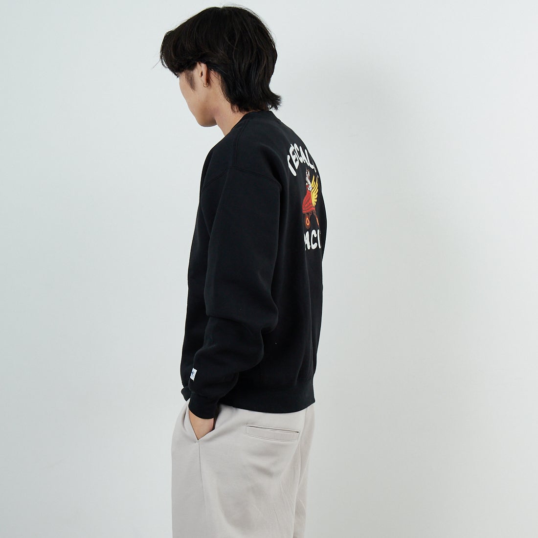 The Endless Summer [エンドレスサマー] 60s ローラーダービーロゴ刺繍 クルーネックスウェット [C-25774302] 01 BLACK &&モデル身長：179cm 着用サイズ：M&&