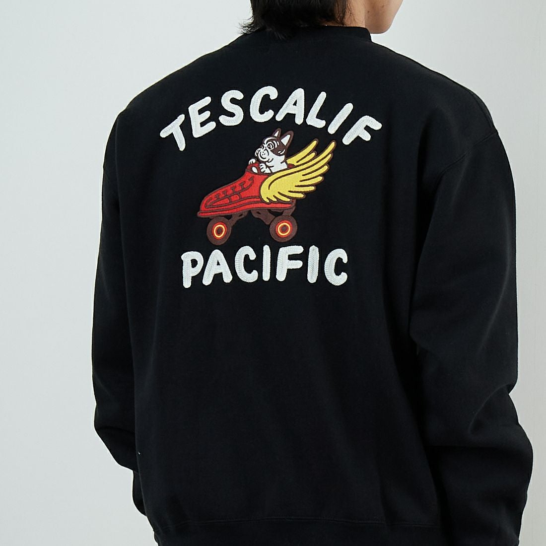 The Endless Summer [エンドレスサマー] 60s ローラーダービーロゴ刺繍 クルーネックスウェット [C-25774302] 01 BLACK &&モデル身長：179cm 着用サイズ：M&&