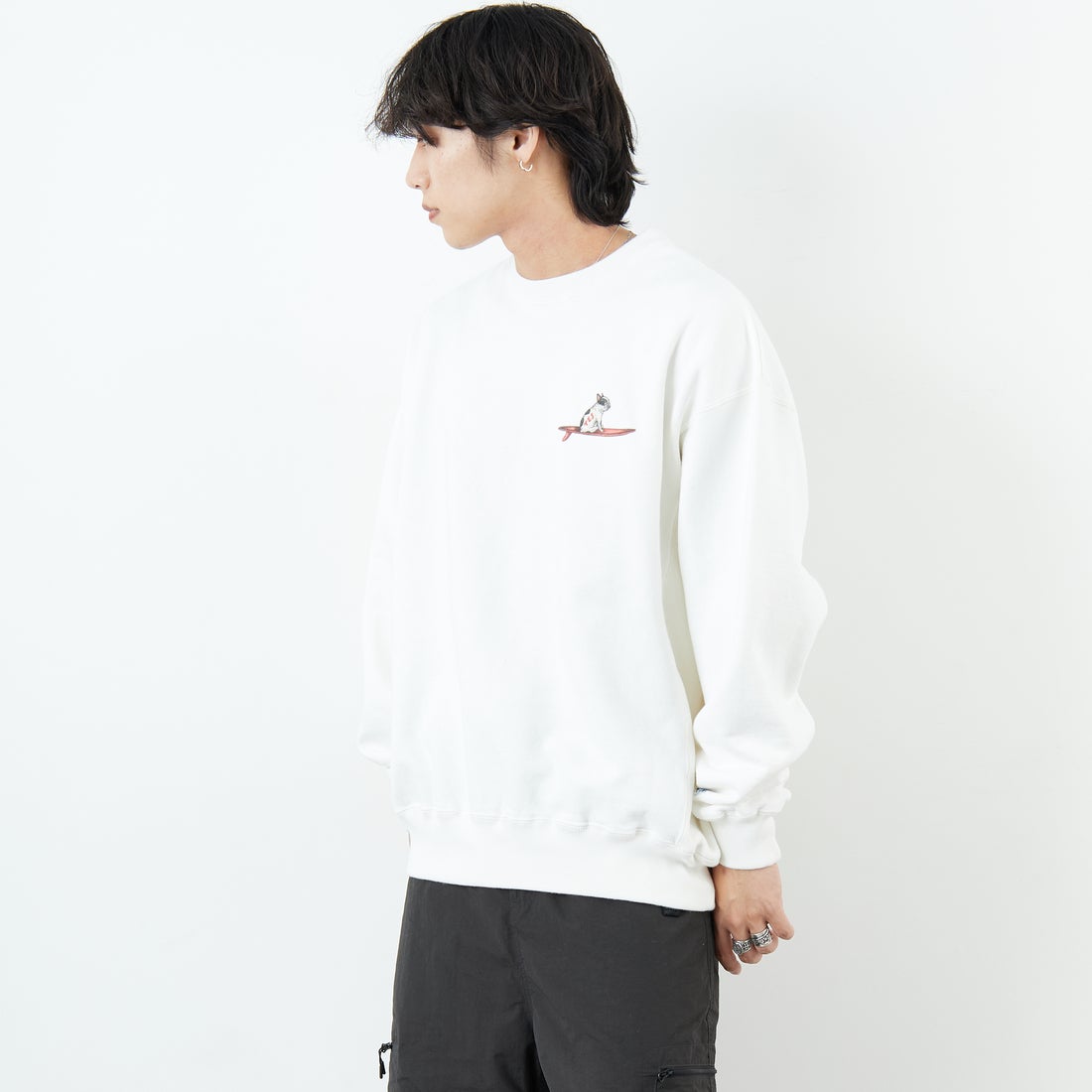 The Endless Summer [エンドレスサマー] 別注 NAP TIME クルーネックスウェット [FH-25774502-JF] WHITE &&モデル身長：179cm 着用サイズ：XL&&