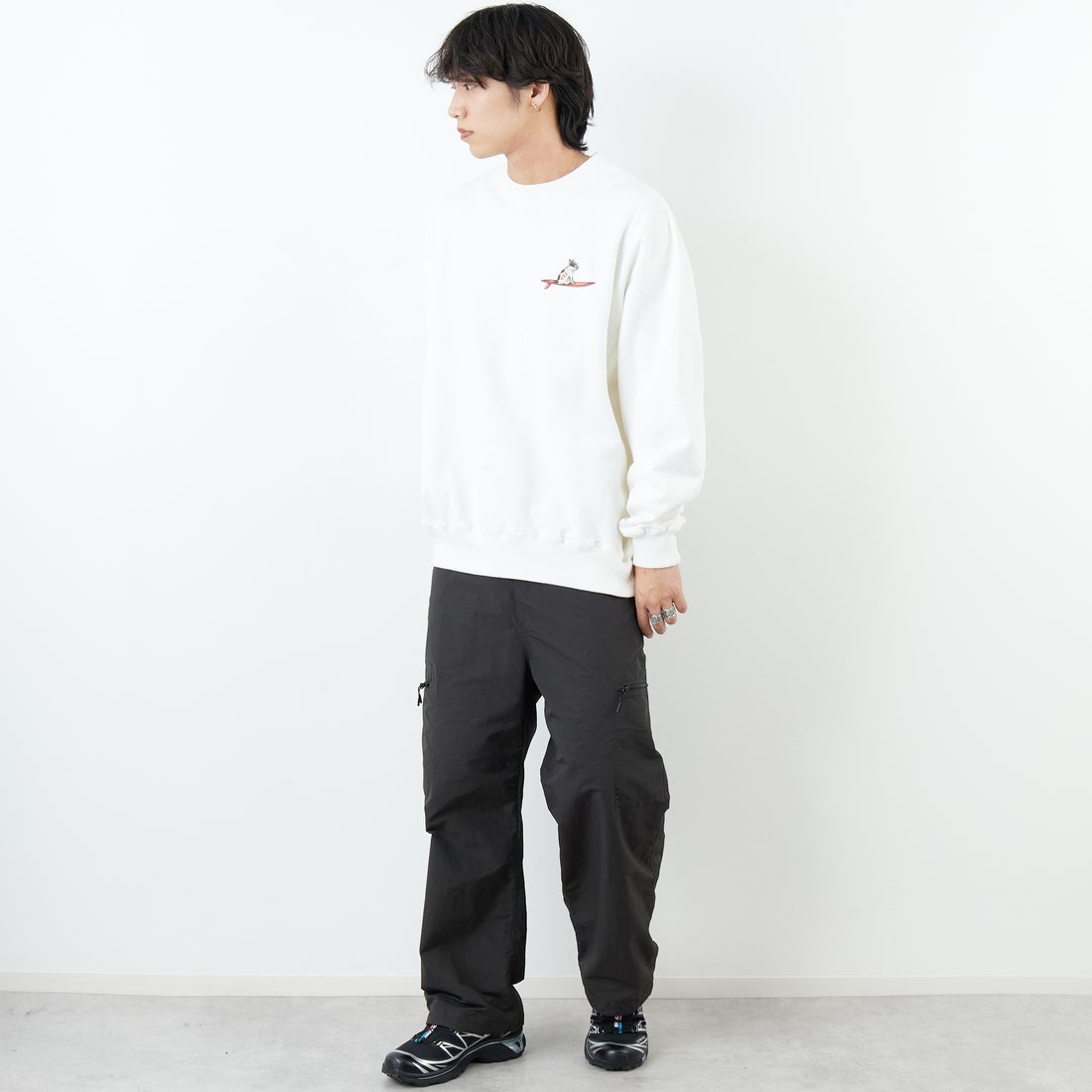 The Endless Summer [エンドレスサマー] 別注 NAP TIME クルーネックスウェット [FH-25774502-JF] WHITE &&モデル身長：179cm 着用サイズ：XL&&