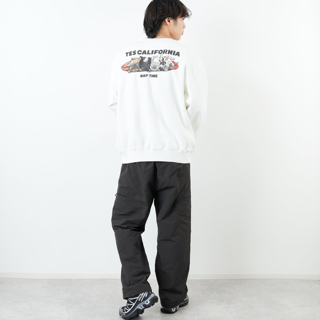 The Endless Summer [エンドレスサマー] 別注 NAP TIME クルーネックスウェット [FH-25774502-JF] WHITE &&モデル身長：179cm 着用サイズ：XL&&