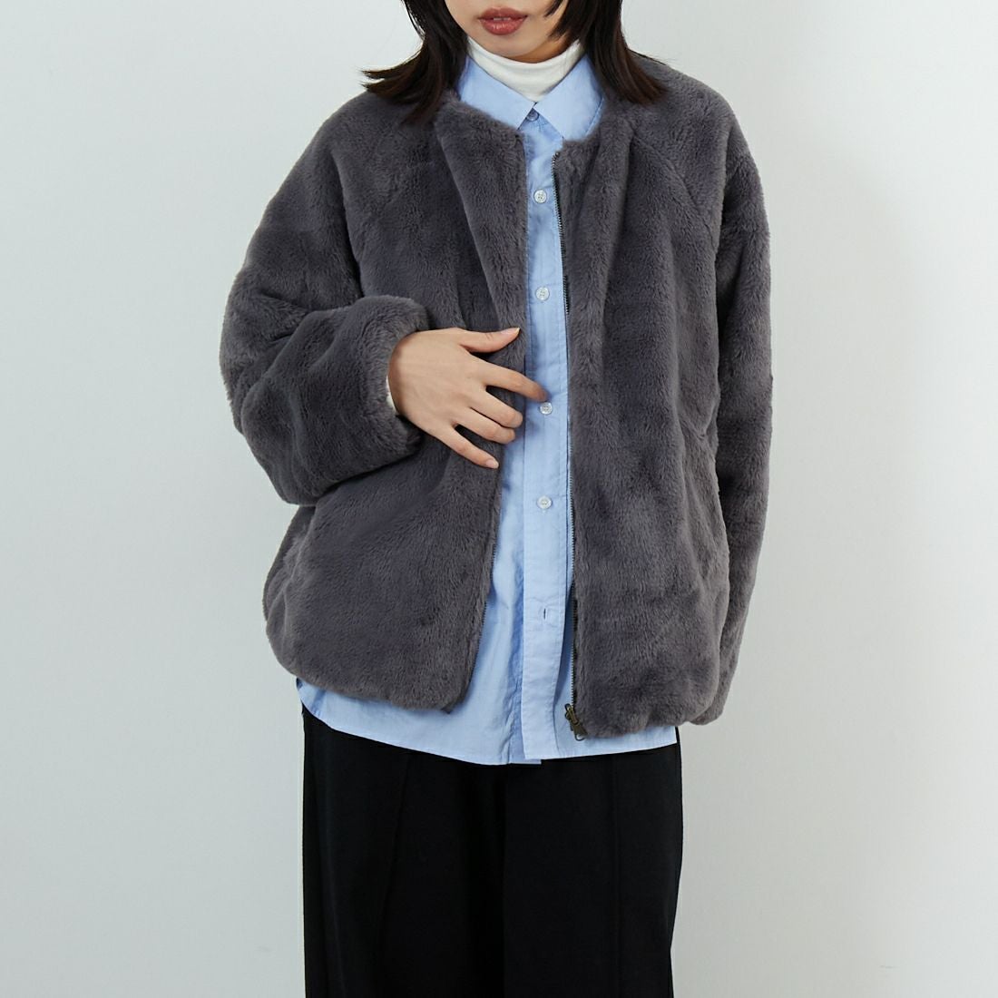 Jeans Factory Clothes [ジーンズファクトリークローズ] リバーシブルフェイクファーブルゾン [147221] 08 ﾁｬｺｰﾙ &&モデル身長：162cm 着用サイズ：F&&