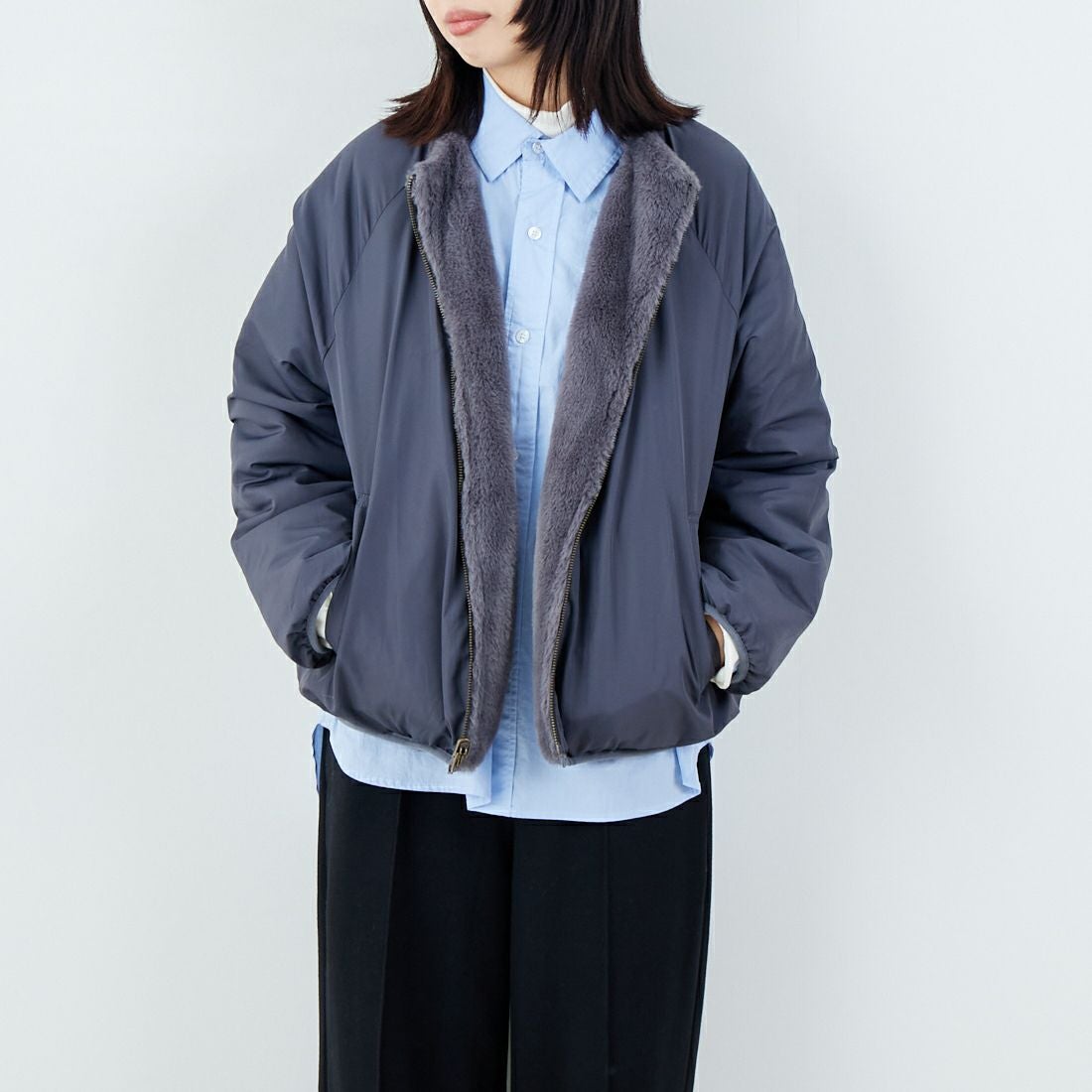 Jeans Factory Clothes [ジーンズファクトリークローズ] リバーシブルフェイクファーブルゾン [147221] 08 ﾁｬｺｰﾙ &&モデル身長：162cm 着用サイズ：F&&