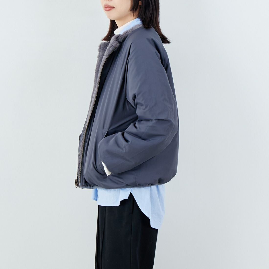 Jeans Factory Clothes [ジーンズファクトリークローズ] リバーシブルフェイクファーブルゾン [147221] 08 ﾁｬｺｰﾙ &&モデル身長：162cm 着用サイズ：F&&