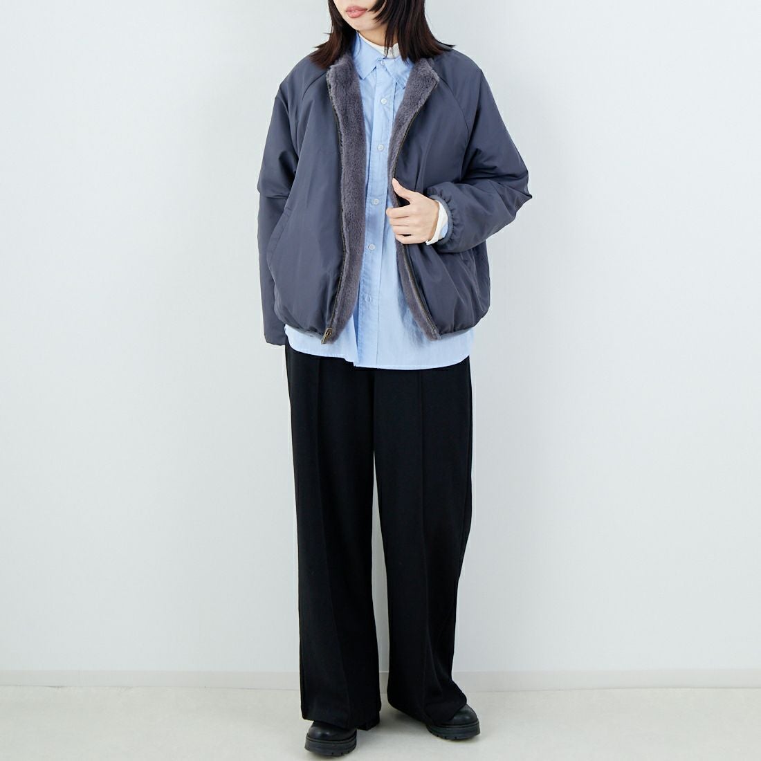 Jeans Factory Clothes [ジーンズファクトリークローズ] リバーシブルフェイクファーブルゾン [147221] 08 ﾁｬｺｰﾙ &&モデル身長：162cm 着用サイズ：F&&