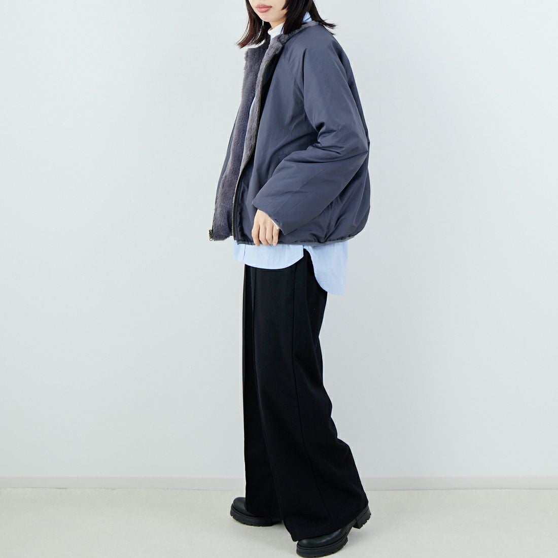 Jeans Factory Clothes [ジーンズファクトリークローズ] リバーシブルフェイクファーブルゾン [147221] 08 ﾁｬｺｰﾙ &&モデル身長：162cm 着用サイズ：F&&