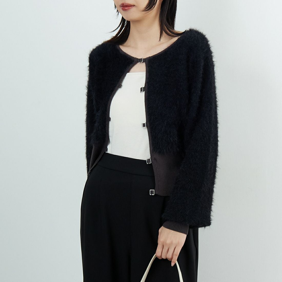 &g'aime [アンジェム] シャギーカーディガン [986-67026] ﾌﾞﾗｯｸ &&モデル身長：162cm 着用サイズ：F&&