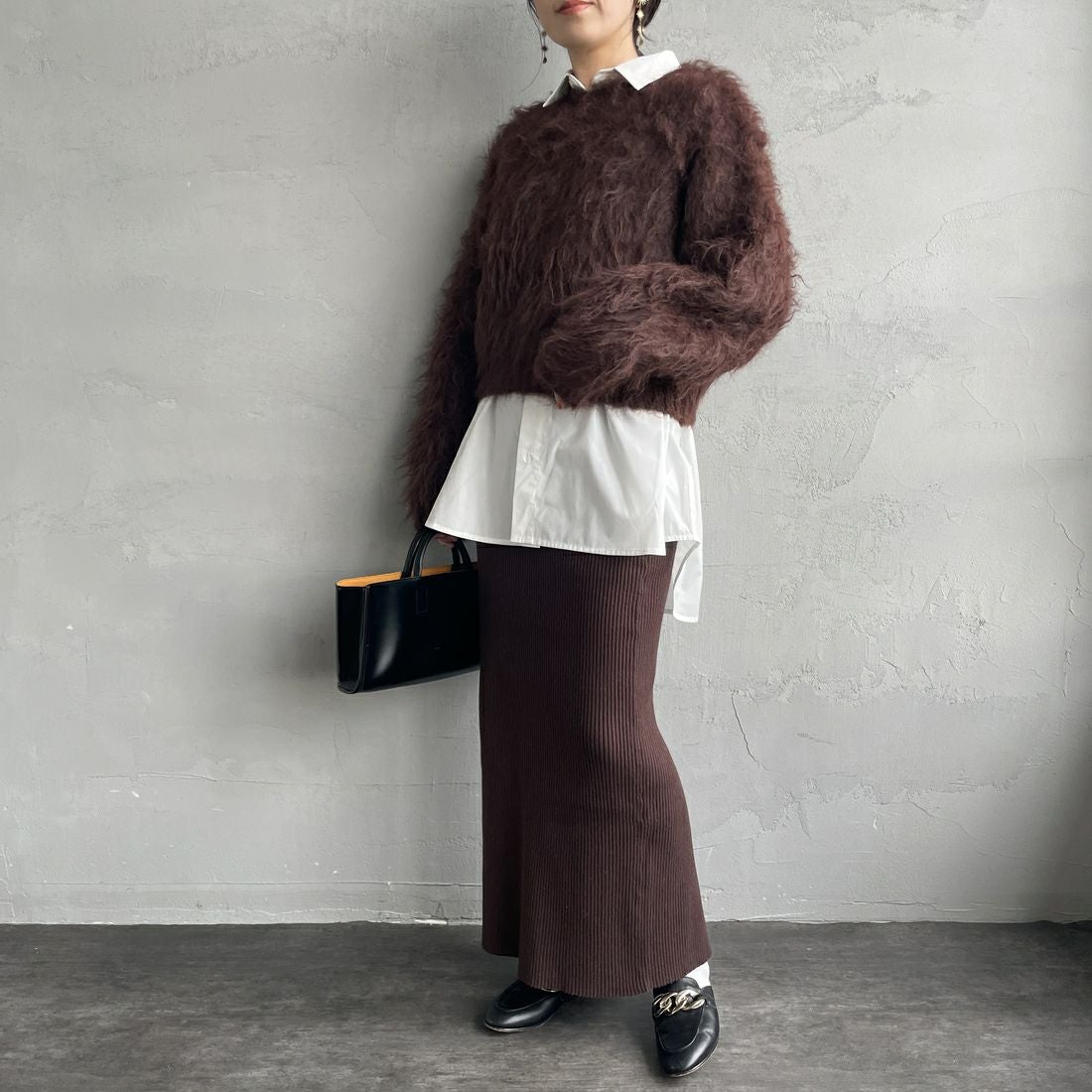 Noir Fabrik [ヌワールファブリック] シャギーニットプルオーバー [12600-WG] BROWN &&モデル身長：160cm 着用サイズ：F&&