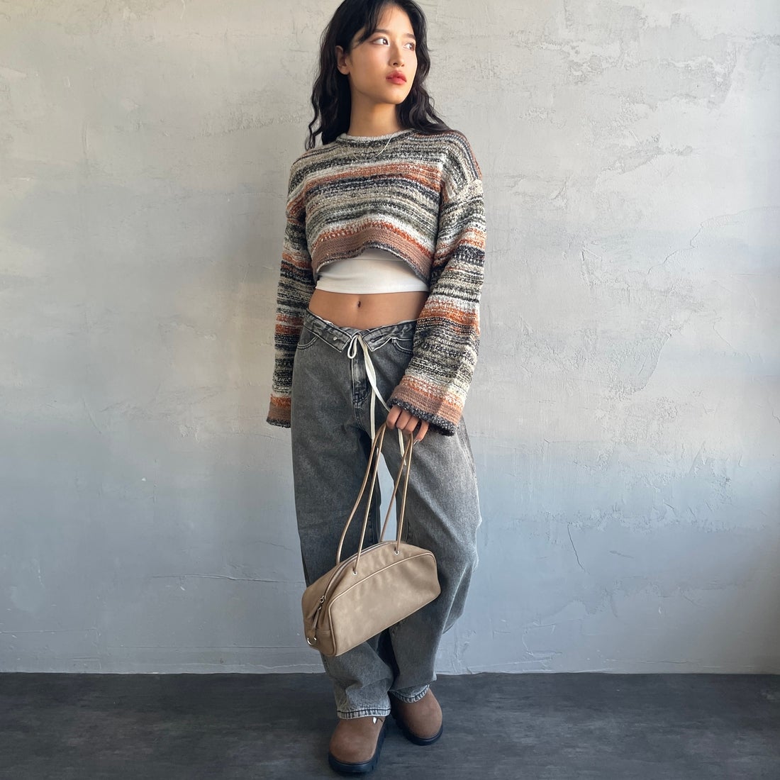 Noir Fabrik [ヌワールファブリック] ミックスヤーンクロップドニット [12612-WG] ORANGE &&モデル身長：162cm 着用サイズ：F&&