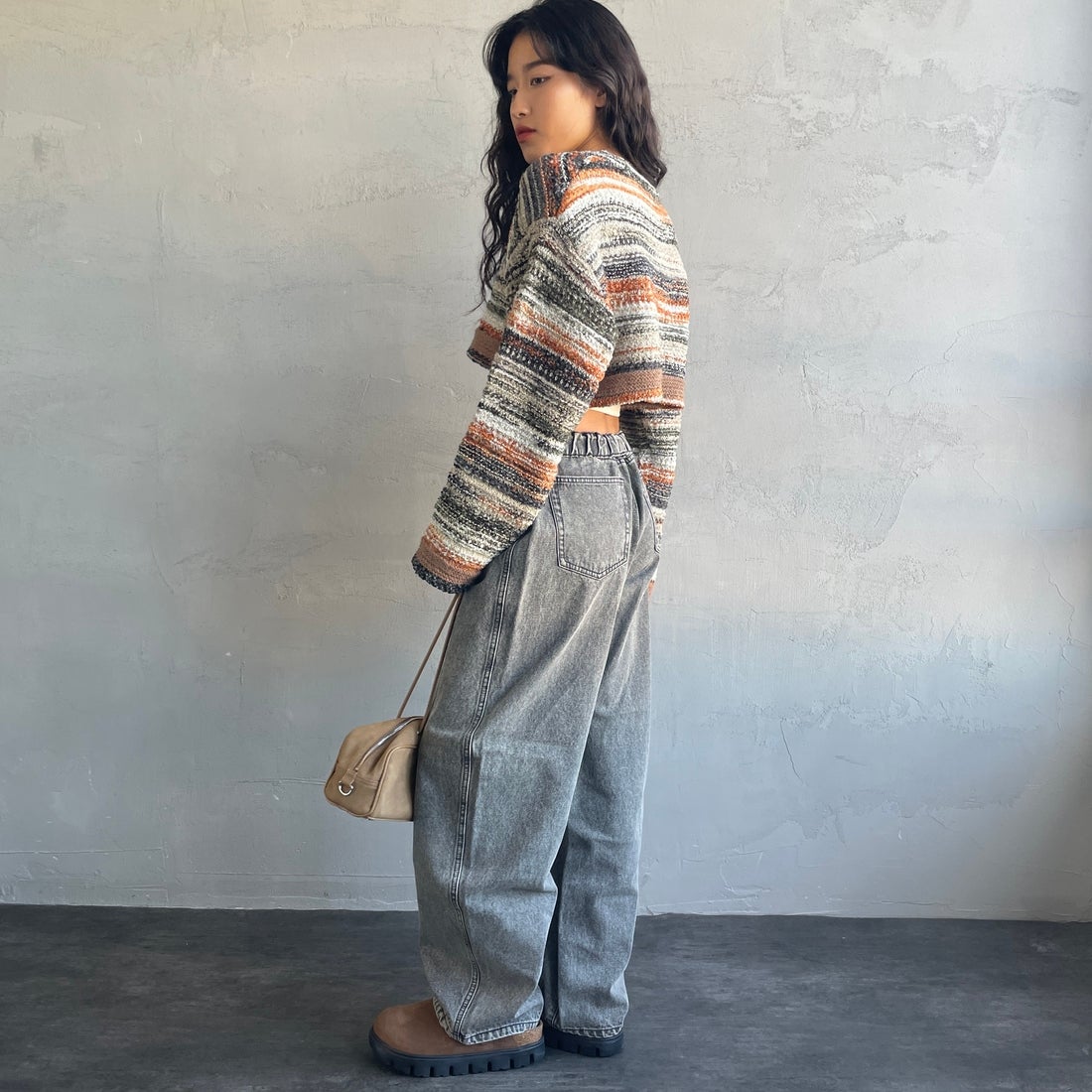Noir Fabrik [ヌワールファブリック] ミックスヤーンクロップドニット [12612-WG] ORANGE &&モデル身長：162cm 着用サイズ：F&&