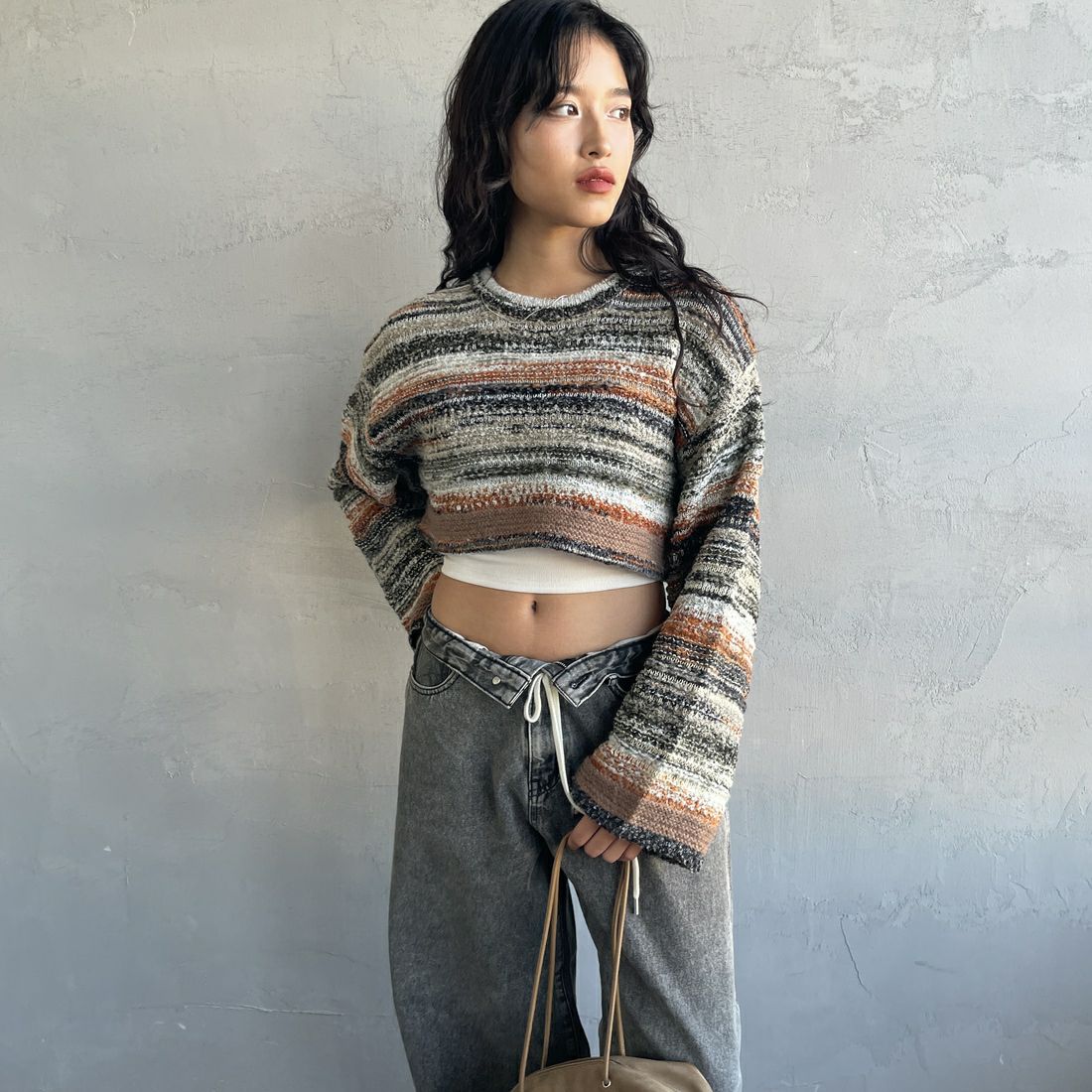 Noir Fabrik [ヌワールファブリック] ミックスヤーンクロップドニット [12612-WG] ORANGE &&モデル身長：162cm 着用サイズ：F&&