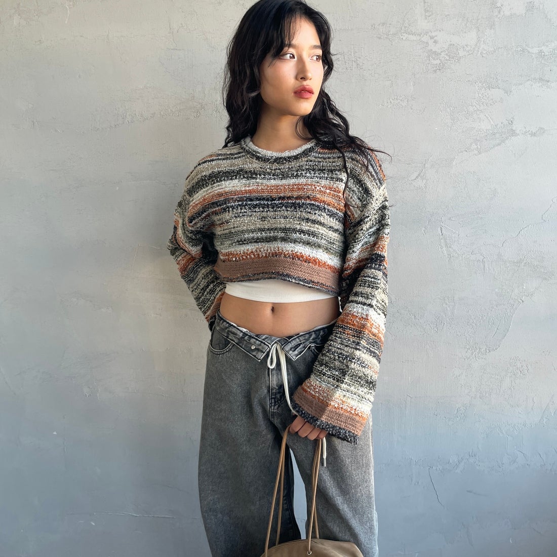 Noir Fabrik [ヌワールファブリック] ミックスヤーンクロップドニット [12612-WG] ORANGE &&モデル身長：162cm 着用サイズ：F&&