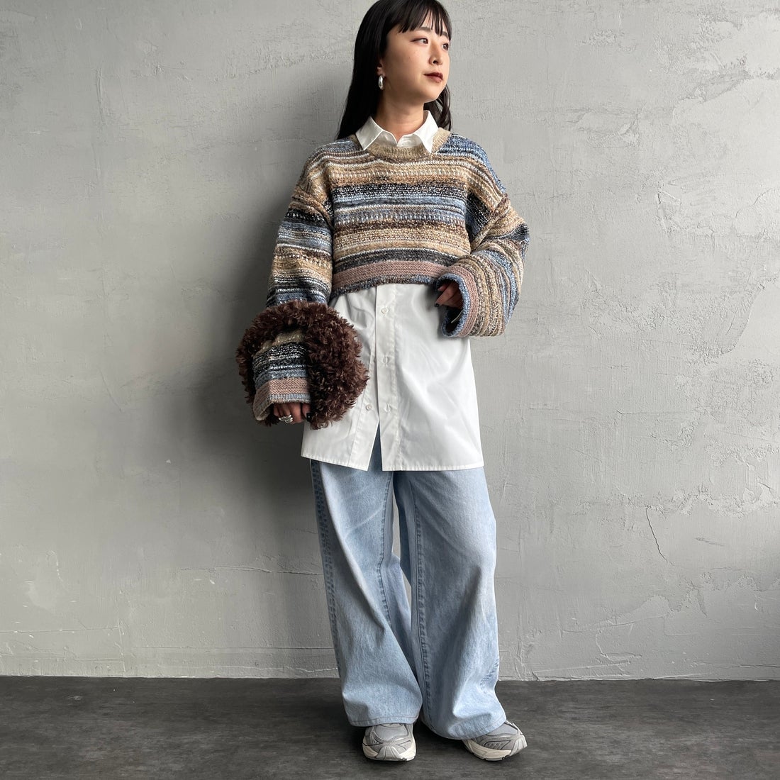 Noir Fabrik [ヌワールファブリック] ミックスヤーンクロップドニット [12612-WG] BLUE &&モデル身長：150cm 着用サイズ：F&&