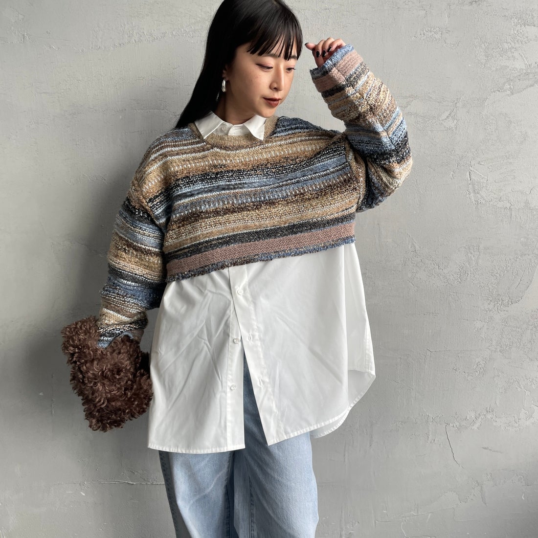 Noir Fabrik [ヌワールファブリック] ミックスヤーンクロップドニット [12612-WG] BLUE &&モデル身長：150cm 着用サイズ：F&&