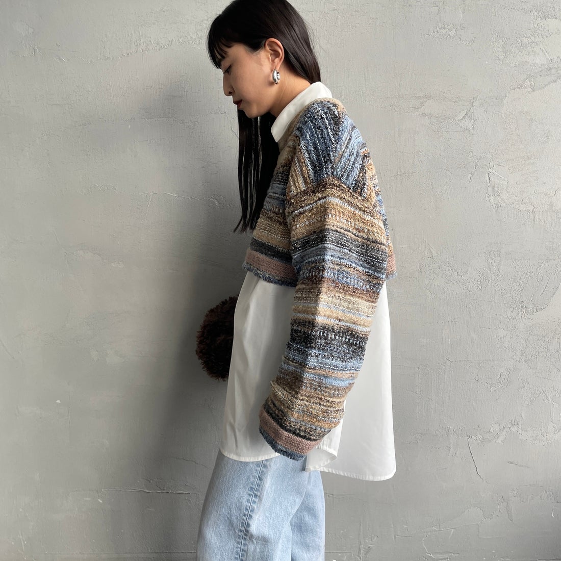 Noir Fabrik [ヌワールファブリック] ミックスヤーンクロップドニット [12612-WG] BLUE &&モデル身長：150cm 着用サイズ：F&&