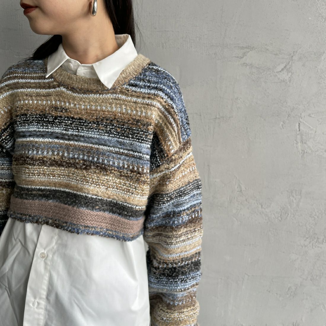 Noir Fabrik [ヌワールファブリック] ミックスヤーンクロップドニット [12612-WG] BLUE &&モデル身長：150cm 着用サイズ：F&&