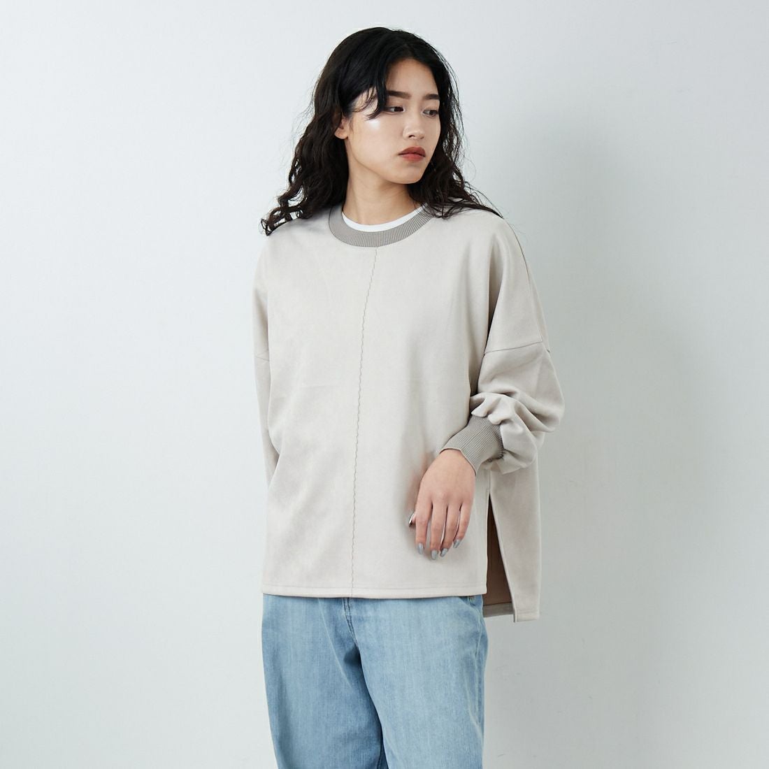 Jf Ready Made [ジェイエフレディメイド] スエードリブワイドプルオーバー [3225603] ｸﾞﾚｰﾍﾞｰｼﾞｭ &&モデル身長：162cm 着用サイズ：F&&