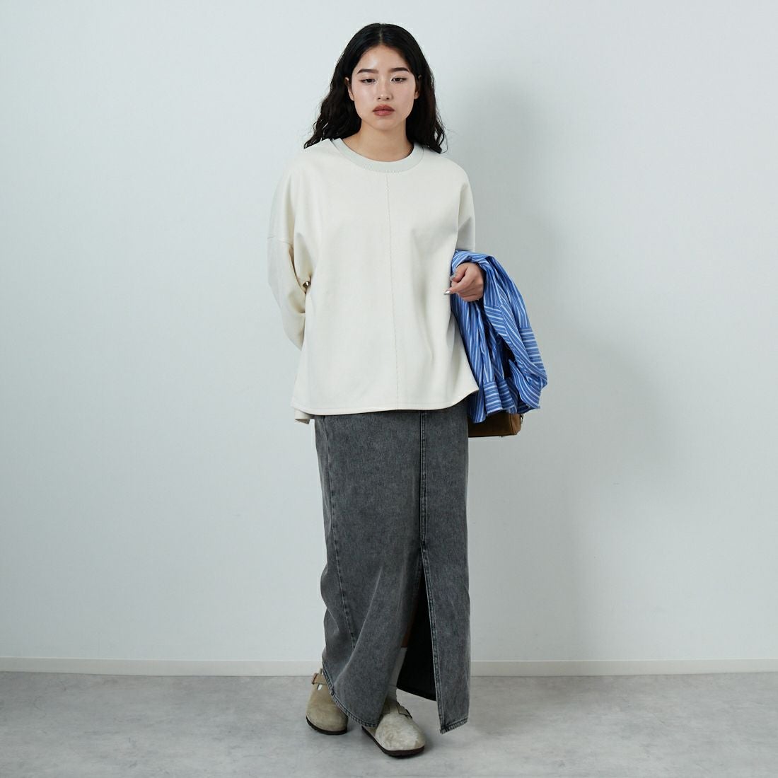 Jf Ready Made [ジェイエフレディメイド] スエードリブワイドプルオーバー [3225603] ｱｲﾎﾞﾘｰ &&モデル身長：162cm 着用サイズ：F&&