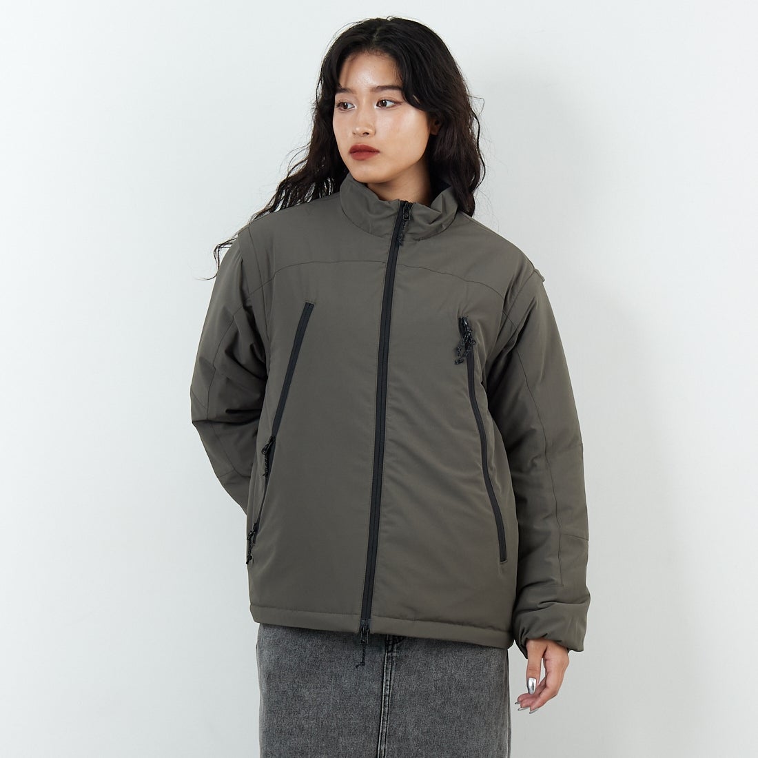 Jeans Factory Clothes [ジーンズファクトリークローズ] ECWCS スリングユニットジャケット [JFC-254-068]BROWN &&モデル身長：162cm 着用サイズ：S&&