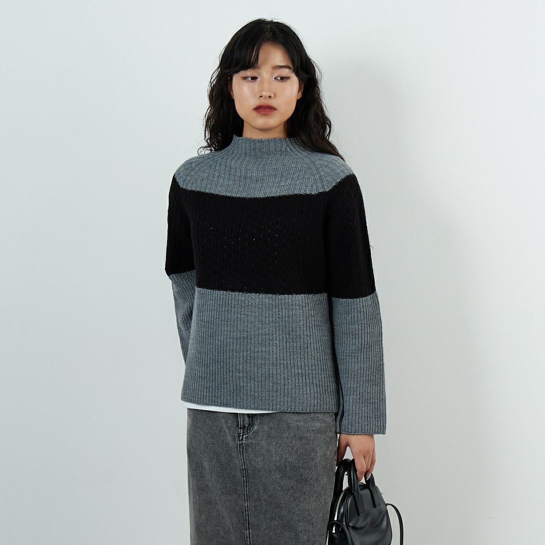 Jeans Factory Clothes [ジーンズファクトリークローズ] ホールガーメント3段柄ニットプルオーバー [113-2050] ｸﾞﾚｰ &&モデル身長：162cm 着用サイズ：F&&