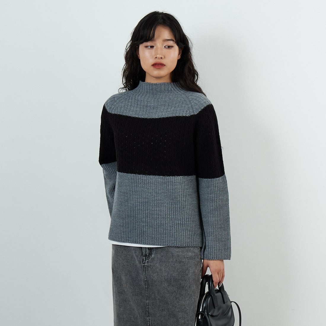 Jeans Factory Clothes [ジーンズファクトリークローズ] ホールガーメント3段柄ニットプルオーバー [113-2050] ｸﾞﾚｰ &&モデル身長：162cm 着用サイズ：F&&