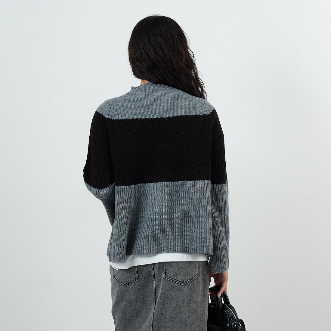 Jeans Factory Clothes [ジーンズファクトリークローズ] ホールガーメント3段柄ニットプルオーバー [113-2050] ｸﾞﾚｰ &&モデル身長：162cm 着用サイズ：F&&