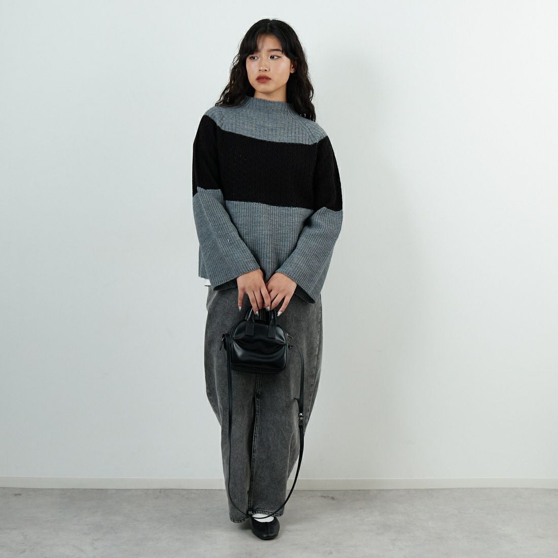 Jeans Factory Clothes [ジーンズファクトリークローズ] ホールガーメント3段柄ニットプルオーバー [113-2050] ｸﾞﾚｰ &&モデル身長：162cm 着用サイズ：F&&