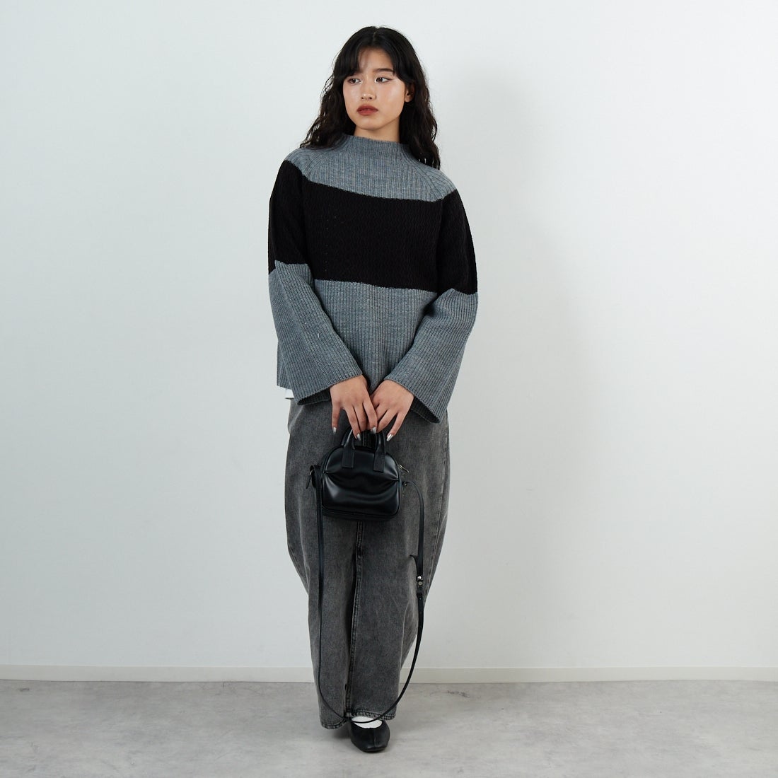 Jeans Factory Clothes [ジーンズファクトリークローズ] ホールガーメント3段柄ニットプルオーバー [113-2050] ｸﾞﾚｰ &&モデル身長：162cm 着用サイズ：F&&